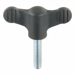 Wing knob with threaded stud, 75 mm diameter plastic body with steel thread, 3/8"-16 thread size, 40 mm thread length. Used for manual clamping, positioning, and adjustment on machinery, jigs, and fixtures.