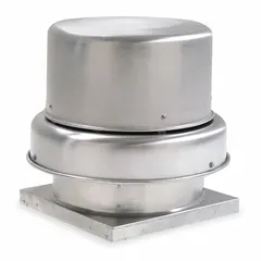 Belt-drive axial downblast roof exhaust fan for clean air in industrial and commercial ventilation. Includes drive package, 20-inch blade, 3,456 cfm, open dripproof motor, 115/208-230V AC, single speed. Unassembled with square base for roof mounting.