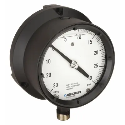 ASHCROFT Process Compound Gauge: 0 psi to 30 psi, White, 4 1/2 in Dial, 1/2 in NPT Male - Vibration-Resistant All-Stainless Steel Wetted Parts & Casing
