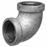 This 90° pipe elbow is a medium-pressure threaded fitting made of malleable iron. It features 3/8 inch female threads on both ends and is rated for a maximum operating pressure of 150 psi. Used to change direction in threaded piping systems for water, air, or low-pressure steam lines