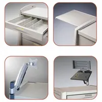 These side-mount accessories attach to medical carts and include a writing surface. They are used to add a convenient work area to procedure carts in clinical settings