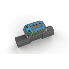 This inline turbine flowmeter with digital totalizer measures water flow in gallons. It features a 1-inch FNPT connection, a flow range of 5 to 50 gpm, and a PVDF rotor. Accuracy is ±3%. Suitable for monitoring water usage in industrial and commercial applications such as process control and irrigation.