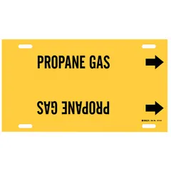 Yellow strap-on pipe marker with black legend reading 'Propane Gas' and directional arrows. Fits pipe outer diameters of 8 to 9-7/8 inches. Used to identify propane gas lines in industrial piping systems.