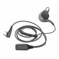 Ear hook earpiece with shirt/lapel microphone and push-to-talk button. Single black wire with two-pin connector. Compatible with Kenwood TK-3400 radio series. Enables hands-free communication in security, event, or industrial settings.