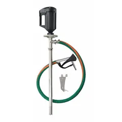 This Dayton centrifugal electric drum pump is designed for transferring fluids from drums or containers. It features a 1 1/3 hp motor operating on 120 V AC, delivering 18 gpm. The suction tube is constructed of stainless steel. Includes hose and nozzle.