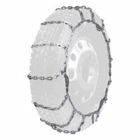 Ladder-type tire chain for heavy-duty trucks, buses, RVs, and trailers. Compatible with 11-22.5 tires. Constructed from nickel manganese alloy for traction on snow and ice