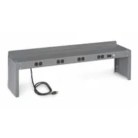This steel riser mounts on cabinet benches to add elevated storage and integrated power access. It measures 45 inches wide by 8 inches deep and comes in a gray finish. Electrical outlets are included for convenient tool or device connection