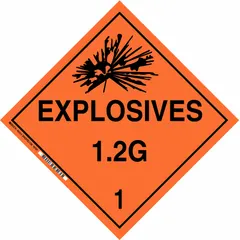 Class 1: Explosives placard measuring 10 3/4 in x 10 3/4 in with a 10 3/4 in label height. Displays the message 'Explosives 1.2 G 1'. Used for identifying containers holding hazardous materials during transport and storage.