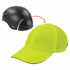 This baseball-style bump cap features a solid lime green polyethylene shell with venting for airflow. The buckle suspension adjustment allows a secure fit. Suitable for low-impact head protection in environments such as warehouses, assembly lines, and maintenance areas where bump hazards exist.