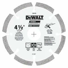 This 4-1/2-inch diameter diamond blade is designed for dry cutting of concrete and asphalt. With a 7/8-inch arbor, it mounts on angle grinders for masonry cutting tasks in construction and renovation.