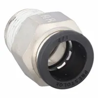 Nickel-plated brass push-to-connect fitting with male NPTF thread. Connects 1/2 in OD tubing to 3/8 in pipe threads. Suitable for pneumatic systems, lubrication lines, and low-pressure fluid transfer. Silver finish