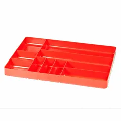 This red tool tray from ERNST MANUFACTURING measures 16 inches in overall length and 11 inches in overall width. Designed for drawer storage, it helps organize small parts, tools, and accessories in workshop drawers.