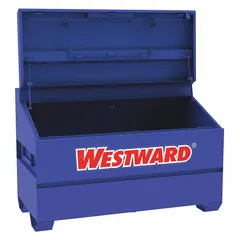 This blue slope-lid jobsite box provides 30.4 cu ft of storage capacity. It measures 60 1/8 inches wide by 30 1/16 inches deep by 39 3/8 inches high. A recessed padlock hasp (lock not included) allows for securing the contents. Suitable for storing tools and equipment on construction sites or in workshops.