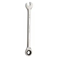 Alloy steel construction with a chrome finish. Features a 5/16-inch 12-point ratcheting box end and an open end. Overall length of 5 1/2 inches. Suitable for tightening or loosening fasteners in confined spaces.