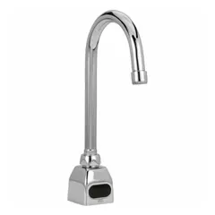 Brass construction with chrome finish. Battery-powered sensor faucet with laminar flow and NPSM connection. Includes in-line filter. Suitable for commercial restroom applications where hands-free operation is desired.
