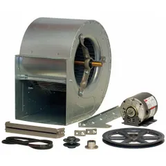 Belt-drive blower with integrated drive pack and 2 hp open motor. Wheel diameter 12 3/4 in. Nominal voltage 115/230V AC. Suitable for industrial air movement, ventilation, and exhaust in HVAC systems and commercial facilities.