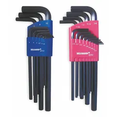 This 22-piece L-shaped hex key set includes both metric and SAE sizes, with standard and long arm ends for accessing recessed fasteners. The keys feature a black oxide finish and are stored in an organizer. Suitable for tightening or loosening hex socket screws and bolts in mechanical assembly, maintenance, and repair tasks.