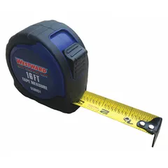 This 16 ft fractional-read tape measure features 1/16 in graduations and SAE markings in inches. The nonmagnetic single hook tip is suitable for metalworking environments. It has a manual lock and a black plastic body with a rubberized grip.
