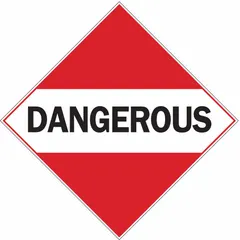 This 10 3/4 in x 10 3/4 in placard displays the message 'Dangerous' for identifying hazardous materials. It is used on containers, vehicles, or storage areas to indicate the presence of dangerous goods. The placard meets DOT labeling requirements for compliance during transport and handling.