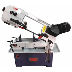 This mitering manual horizontal band saw cuts metal stock at angles up to 45° with a 7 in x 8 in capacity. It operates at 150 SFPM and is powered by 120/240V AC, single phase, drawing 14.0/7.0 A. Suitable for cutting pipes, bars, and structural shapes in fabrication and maintenance settings.
