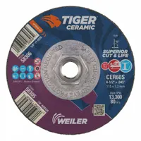 Ceramic cutoff wheel, Type 27, 4-1/2" diameter, 0.045" thickness, 5/8"-11 arbor, 60 grit. Designed for cutting carbon and stainless steel with reduced heat buildup. Suitable for fabrication, maintenance, and metalworking applications