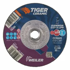 Ceramic cutoff wheel, Type 27, 4-1/2" diameter, 0.045" thickness, 5/8"-11 arbor, 60 grit. Designed for cutting carbon and stainless steel with reduced heat buildup. Suitable for fabrication, maintenance, and metalworking applications.