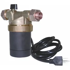 Brass variable-speed recirculating pump for potable water systems. Operates on 100/240V AC with union connections. Maximum head of 6 ft and 5 1/2 in face-to-face dimension. Designed for under-sink installation to provide hot water at the tap.