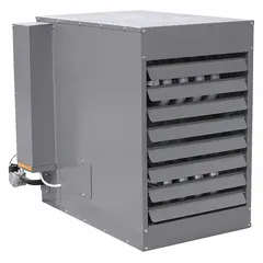This standard-profile suspended unit heater delivers 100,000 BtuH heating capacity input using natural gas. It features a propeller fan and field-convertible combustion type. The unit measures 33-3/4 in x 25-1/4 in x 43-1/2 in and has a 1/2 in NPT male gas connection. Suitable for wall or ceiling mounting in commercial and industrial spaces such as warehouses, workshops, and garages.