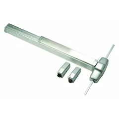 Surface-mounted vertical rod exit device with touchbar and lever trim, finished in chrome. Designed for doors up to 4 ft wide, providing vertical rod latching for egress applications in commercial settings.
