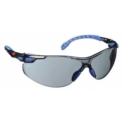 Frameless safety glasses with padded comfort-fit design. Gray lenses feature Scotchgard™ Advanced Anti-Fog coating. Black/blue frame. Suitable for eye protection in industrial environments such as machining, material handling, and maintenance.