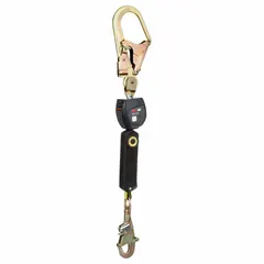 This sealed Class 1 SRL-P features a polyester lifeline and a steel rebar hook anchorage connector. Designed for overhead-only anchoring, it includes a harness steel snap hook and is RFID-equipped. The sealed housing protects internal components in harsh environments.