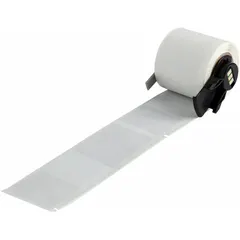 Precut wraparound label roll for permanent wire and cable identification. White matte vinyl material wraps around conductors from 8 AWG to 2 AWG. Compatible with M611 printer series; requires M61-R4310 ribbon. Used in industrial control panels, electrical installations, and asset-tracking applications.