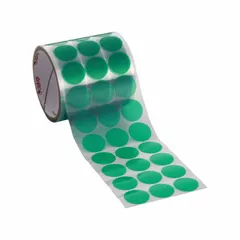 Polyester film masking tape discs for high-temperature applications. Each disc is 1 3/8 inches in diameter with a 2 mil thickness. Supplied in a 500-piece pack. Used for masking during powder coating, plating, and finishing processes where heat resistance is required.