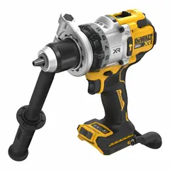 This DEWALT cordless hammer drill operates on a 20V DC battery and delivers 1,530 in-lb of torque. It features a 1/2 in chuck, three speed settings, and a hammer mode for impact drilling. The tool is rated for 1/2 in concrete capacity and is suited for drilling into concrete, masonry, wood, and metal in construction and maintenance applications.