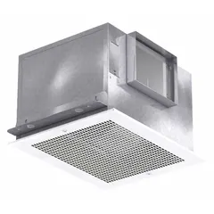 This ceiling-mount exhaust fan is designed for bathrooms and similar spaces to remove moisture, odors, and airborne particles. It operates at 115/208-230/277V AC with two speeds, delivering up to 395 cfm at 5 sones. The unit includes a grille and features adjustable brackets for installation, with a rectangular duct shape. No heater or sensor is included.
