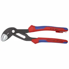 V-jaw tongue and groove pliers with push-button adjustment for quick size changes. 18 jaw positions and 1 1/2 in max opening. 7 1/4 in overall length. Used for gripping and turning pipes, nuts, and fittings in plumbing and maintenance tasks.