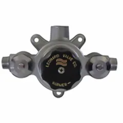 Thermostatic mixing valve with 3/4 in inlet and outlet connections. Includes check-stops and wall support for simplified installation. Used to blend hot and cold water to a set outlet temperature at point-of-use fixtures.