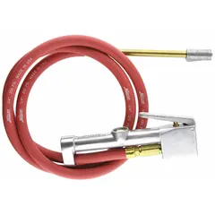 This single-tire inflator gauge features a sight glass for visual air flow confirmation. Constructed from aluminum with a 1/4 in thread size, it is designed for inflating and checking pressure on single tires in automotive, truck, and industrial equipment maintenance.