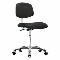 This armless cleanroom task chair features vinyl upholstery and an aluminum base, rated for ISO Class 4 environments. Seat width is 18 1/2 in, depth 17 in, with a height range of 21 1/2 in to 29 in. Not ESD safe and without foot support, it is suitable for controlled environments requiring low particle generation
