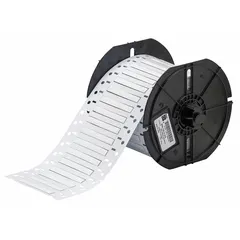 Polyolefin white matte sleeve label roll for wire identification. Each label measures 1/8 in x 2 in and fits 16 AWG to 22 AWG wire gauge. Compatible with i3300 printer series. Used in industrial electrical applications for marking control panels and machinery.