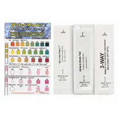 These multi-parameter test strips measure Iron, Nitrate, Nitrite, pH, Total Alkalinity, and Total Hardness (range 0 to 1,000). Designed for rapid on-site water quality assessment in industrial, commercial, and field applications without lab equipment.