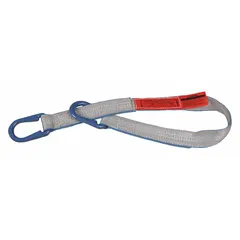 Polyester protected-edge universal link sling with 1 ply, 18 ft sling length, and 11 in eye length. Silver finish with standard tag and partially sewn construction. Used for lifting and rigging loads in industrial settings, attaching to hooks or other lifting hardware.