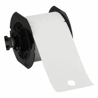 White polyester precut tag roll with 100 tags per roll. Rated for indoor and outdoor use. Compatible with BBP31 printer series. Used for asset tagging, safety signs, and cable marking in industrial environments