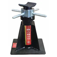 This extra-heavy-duty jack stand has a 20 ton load capacity and a screw adjustment mechanism. It features a square steel base and a rectangular saddle. Minimum height is 16-1/2 in, maximum extended height is 26-5/8 in. Used for supporting heavy loads during vehicle maintenance, industrial equipment servicing, or structural work.