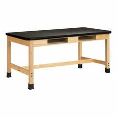 Fixed-height lab table with a laminate countertop, measuring 30 inches wide, 42 inches high, and 5 feet long. Suitable for laboratory environments requiring a durable, chemical-resistant work surface.