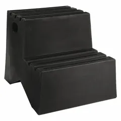Black plastic box step stool with two steps, 1.6 ft overall and standing height, and 500 lb load capacity. Suitable for providing stable elevated access in industrial, warehouse, and commercial environments for tasks such as maintenance, stocking, and repairs.