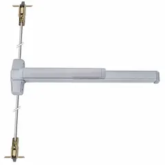 This concealed vertical rod push bar exit device is constructed with a gray aluminum finish and features a Touchbar style bar with lever outside trim. It is designed for use on commercial doors requiring concealed vertical rod latching. This model is not ADA compliant and is not ligature-resistant.