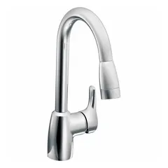 Metal single-post kitchen faucet with a chrome finish. Deck mount requires three mounting holes. Suitable for commercial or residential kitchen installations where a three-hole configuration is needed.