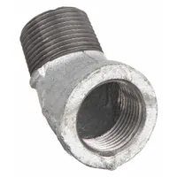 This 45° pipe elbow is made of malleable iron and features NPT threads for medium-pressure applications. It connects two 3/8 in pipes, redirecting flow at a 45-degree angle. Rated for a maximum operating pressure of 300 psi at 150°F