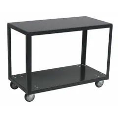 This JAMCO worktable features a powder-coated steel top and frame with welded construction. It includes flush shelves and urethane casters with plate mounts for mobility. The fixed-height unit is fully assembled and supports up to 800 lb overall load. Suitable for industrial environments such as workshops, assembly lines, and maintenance areas.